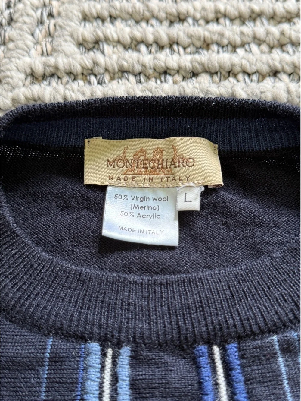 Montechiaro Italy Sweater Mens L Vintage Blue Gray Striped V Neck Cotton/Acrylic